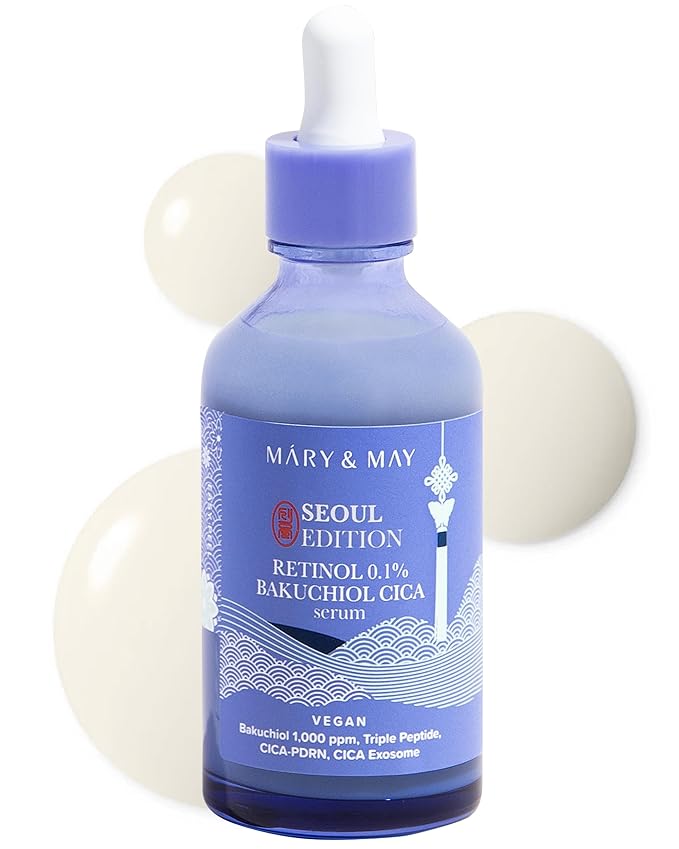 Mary&May SEOUL EDITION Retinol 0.1% Bakuchiol Cica Serum - Korean Face Serum for Pore Elasticity & Wrinkle Improvement - Cica and Peptides - Fragrance-Free, Vegan, and Cruelty-Free, 2.7 fl.oz.
