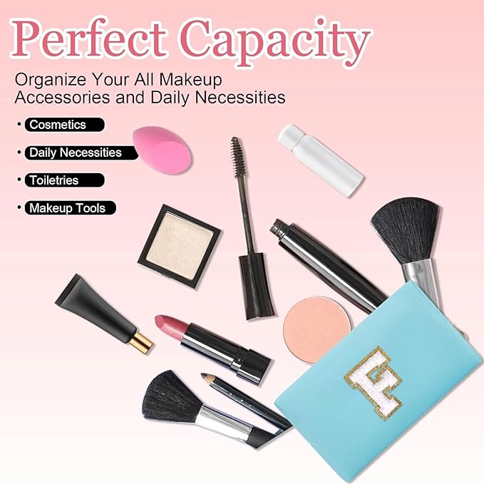 Small Personalized Letter Makeup Bag, Cute PU Leather Chenille Letters Cosmetic Bag Travel Makeup Pouch, Preppy Travel Organizer Zipper Pouch for Women&Girls（Blue-F）