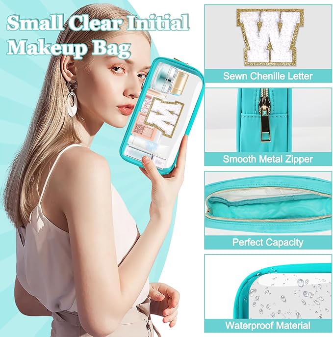 Small Clear Personalized Initial Makeup Bag, Preppy A-Z Chenille Letter Patch Cosmetic Bag, Cute Transparent Nylon Waterproof Zipper Beach Varsity Letter Pouch, Gift for Women Girls(Cyan-White W)