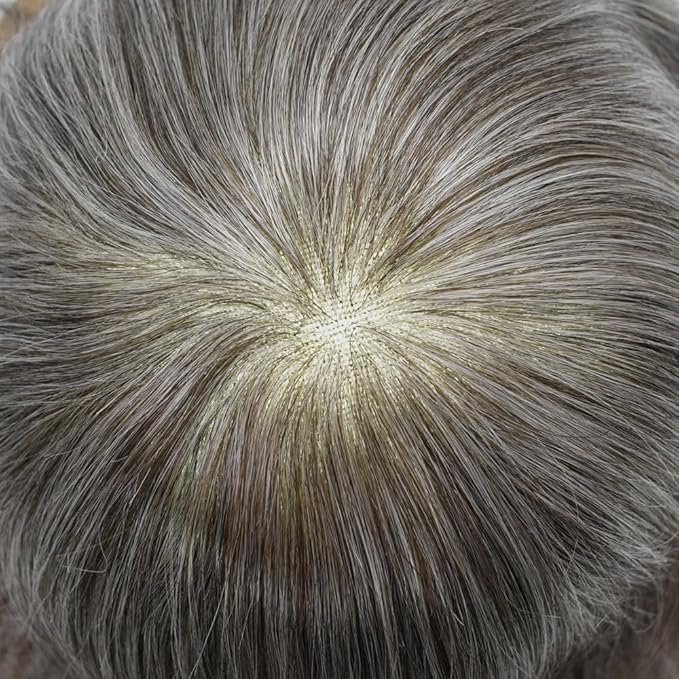 Mens Toupee Human Hair Piece French Lace Toupee for Man Hair System Indian Human Hair Replacement Systems V-Looped PU Front Hairpieces 6"X9" #450 Medium Brown with 50% Gray