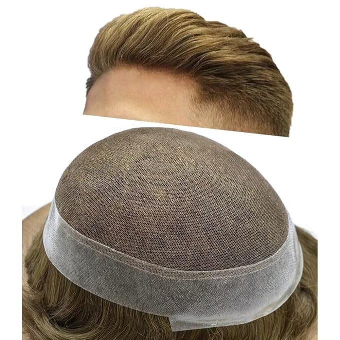 FACE MIRACLE Toupee for Men Lace Center Mens Toupee Hairpiece for Man Human Hair Replacement System Lace Center with Poly around Hair Units Mens Wig Hair Prosthesis 6"X9" 7# VERY LIGHT BROWN