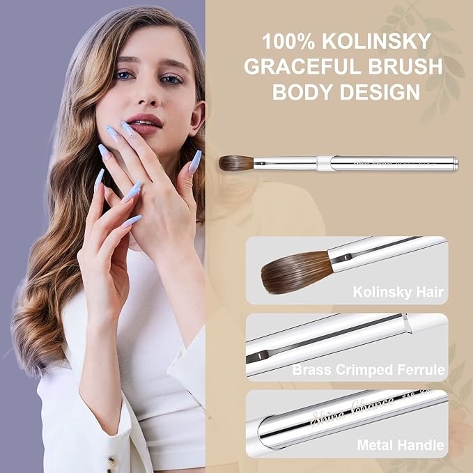 Acrylic Nail Art Brush Size 14, 100% Pure Kolinsky Hair Oval for Application, Professional Extension Manicure Tool Striping Drawing Pen DIY Home Salon, Silver, 1.0 Count