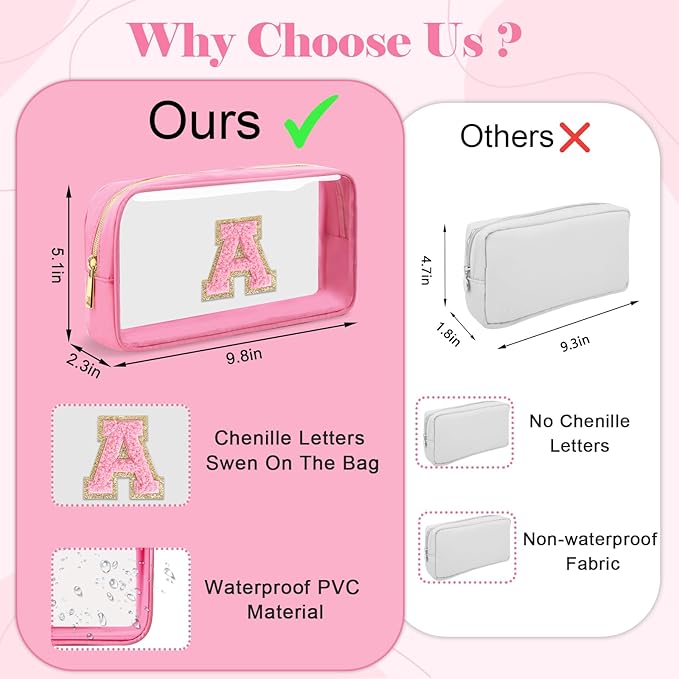 Personalized Initial Letter Clear Makeup Bag,Preppy Small Nylon&PVC Cosmetic Zipper Bag with Chenille Letter,Portable Beach Travel Skincare Toiletry Bag,Trendy Monogram Gift for Teen Girls Women,X