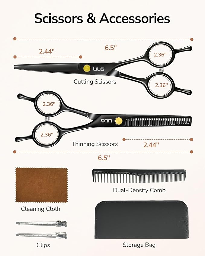 ULG Professional Hair Cutting Scissors Set – 6.5” Japanese Stainless Steel Barber Shears & Thinning Scissors with Comb, Clips & Case – at-Home Salon Haircut Kit for Men, Women, Kids, Black