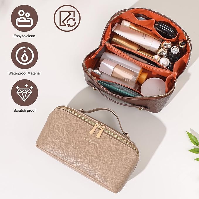 Travel Makeup Bag Travel Toiletry Bag Waterproof PU Leather Checkered Makeup Organizer Bag Woman Cosmetic Organizer Bag With Headband and Wristband Set(Khaki, Checkerboard pattern)