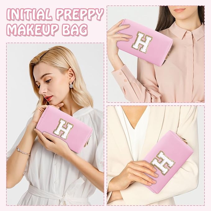 Personalized Chenille Letter Preppy Makeup Bag, Small Pink Travel Cosmetic Bag Initial Toiletry Zipper Pouch Monogram Makeup Storage, Waterproof PU Make Up Case Travel Essentials for Women(Letter H)