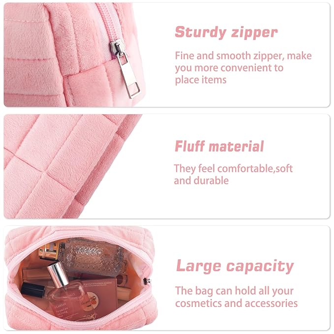 ZLFSRQ 2Pcs Pencil Case Cute Pencil Pouch for Teens Plush Makeup Bag Travel Cosmetic Bag Set Pink Makeup Pouches Purse Preppy Zippered Toiletry Bags Organizer Trendy Zipper Skincare Storage Organizer