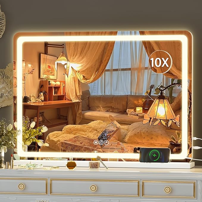 Hasipu Vanity Mirror with Lights, 27.6" x 20" LED Makeup Mirror, Lighted Makeup Mirror with Dimmable 3 Modes, Touch Screen Control Vanity Mirror Round White