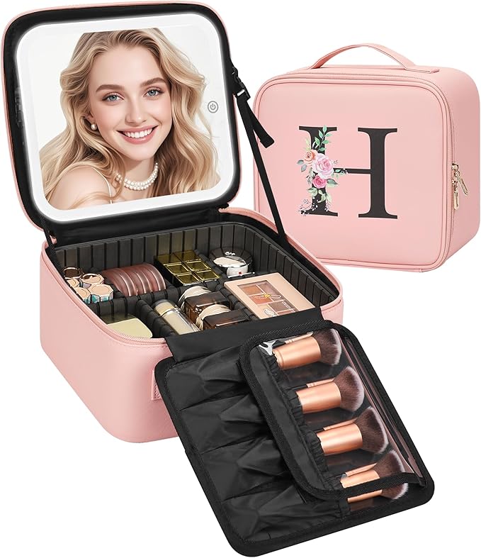 Relavel Initial Makeup Bag with LED Mirror for Women Girls, Personalized Travel Cosmetic Organizer Train Case, Birthday Gifts for Grandkids Bridesmaid Graduation Teacher Friends, Trendy Stuff, Pink H