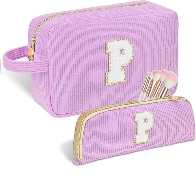 Personalized Initial Makeup Bag Trendy Stuff Corduroy Cosmetic Bag Travel Toiletry Bag for Women, Christmas/Thanksgiving/Halloween Gifts Makeup Organizer Case for Teen Girls Mom Girlfriend Wife.