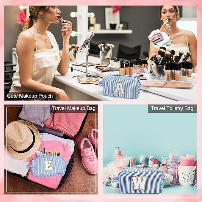 YOOLIFE Makeup Bag for Women - Monogram Cute Initial Blue Makeup Bags Cosmetic Toiletry Pouch Make Up Case for Women Her Best Friend Friendship Sister Teacher, Personalized Birthday Gifts for Women K