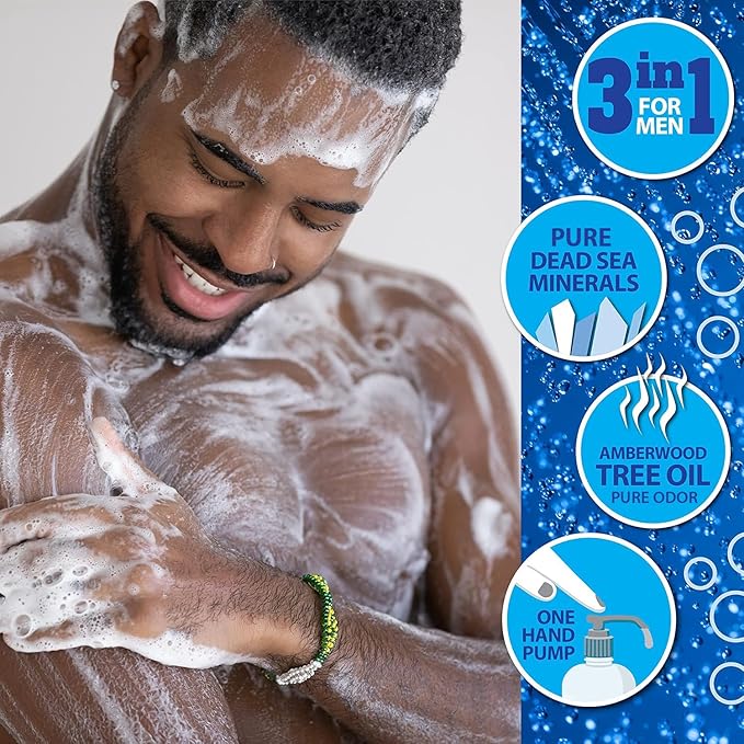Dead Sea Collection Mens Body Wash 3 in 1 – Amber Wood Body Wash for Men – Shower Gel – Shampoo – Shower Soap for Face and Hair – Pack of 2 Bottles (33.8 Fl. Oz. Each)
