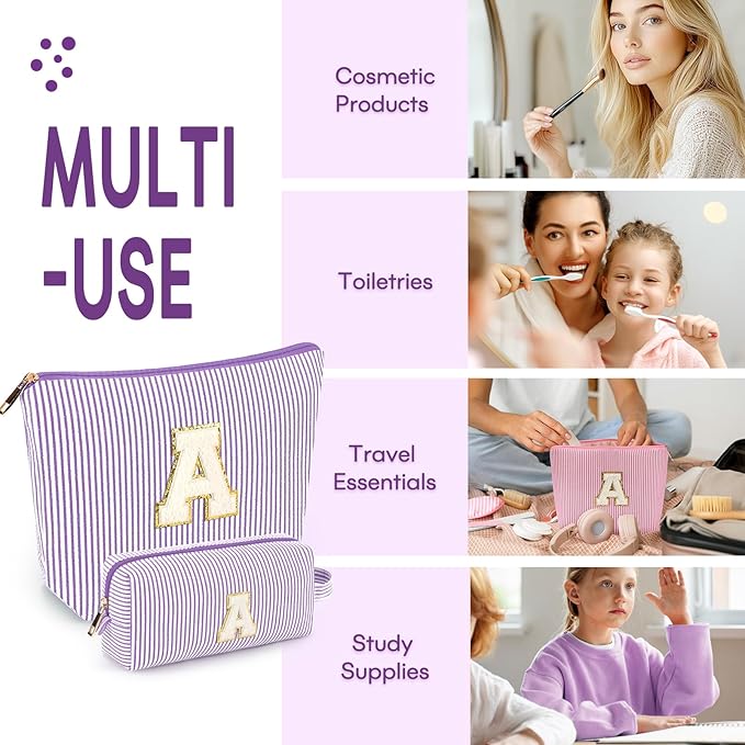 2 PCS Initial Makeup Bags for Women: Cosmetic Bag for Travel Toiletry - Birthday Gifts for 11 12 13 14 15 16 17 18 Years Old Girl Graduation Teacher Gift- Teen Girl Gifts Trendy Stuff - Purple I