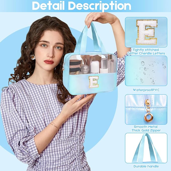 Personalized Initial K Clear Blue Makeup Bag - Large Travel Toiletry Bag, Cute Cosmetic Organizer Set for Girlfriend, Teacher, Teen Girl Gifts