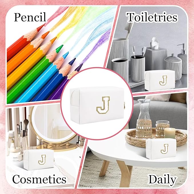 Small Personalized Letter Makeup Bag, Cute PU Leather Chenille Letters Cosmetic Bag Travel Makeup Pouch, Preppy Travel Organizer Zipper Pouch for Women&Girls（White-J）