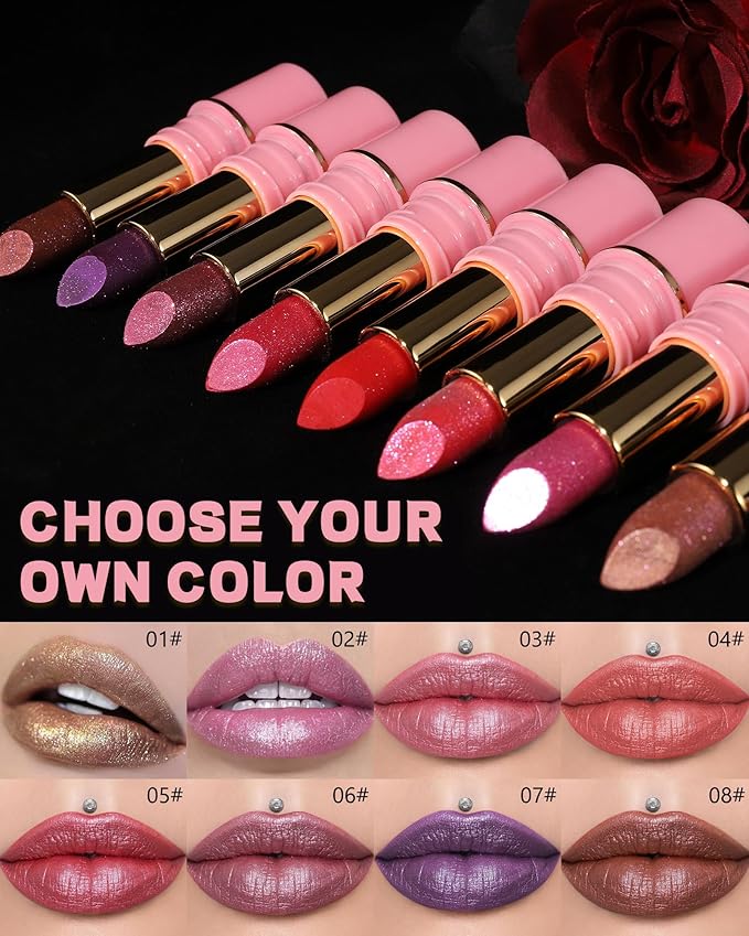 Glitter Metallic Cherry Plum Shimmer Lipstick Long Lasting,Glitter Diamond Shine Red Lipstick Transfer Proof Non-Stick Lip Gloss Shimmer Highly Pigmented Full Coverage Lip Makeup for Women-03