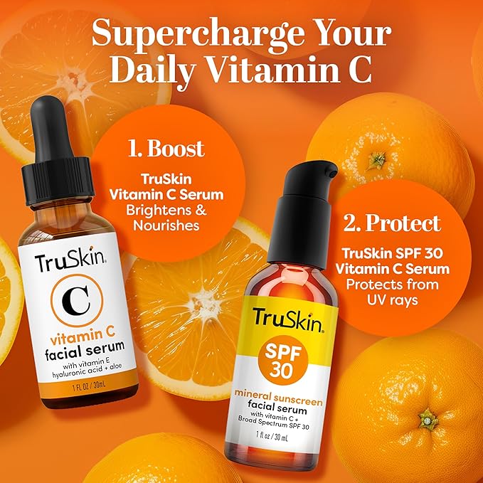 TruSkin Sunscreen Serum for Face – SPF 30 Universal Tinted Mineral Sunscreen Face Serum – Lightweight Transparent Finish – Zinc Oxide, Vitamin C, Hyaluronic Acid, Ceramides, All Skin Types, 1 fl oz