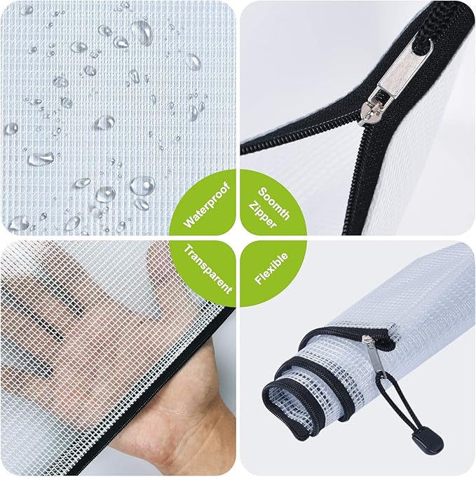 12 Pcs Plastic Mesh Zip File Bags, Waterproof Tear-Resistant Document File Folders, B4 Size Zipper Documents Pouch Document Organizer Bags for School Office Home Travel Storage(15.35×11.22Inch)