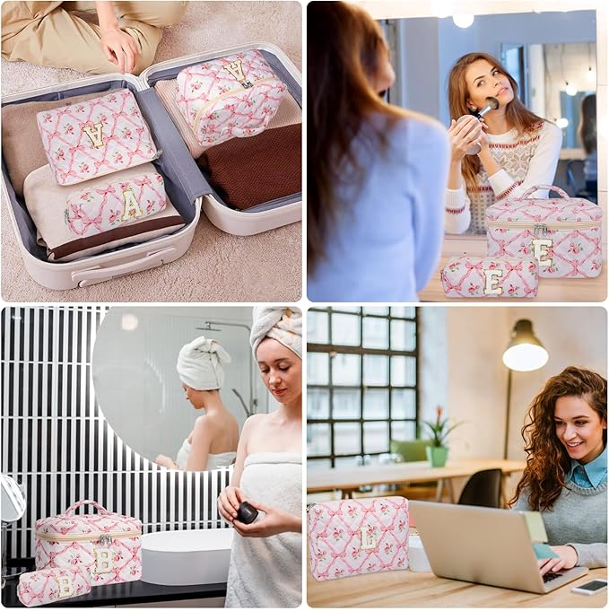 Makeup Bag, Quilted Cosmetic Bag, Large Floral Make Up Bag for Women Girls, Cute Big Cotton Makeup Bag Set, Flower Travel Toiletry Organizer Bag A