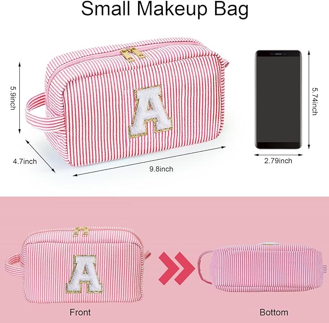YOOLIFE Initial Makeup Bag for Women - Monogram Cute Pink Makeup Bags Cosmetic Toiletry Pouch Make Up Case for Women Her Best Friend Friendship Sister Teacher, Personalized Birthday Gifts for Women J