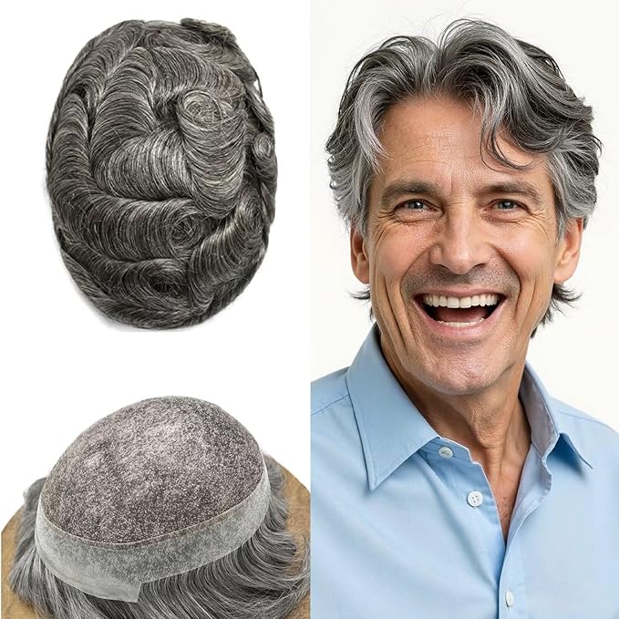 FACE MIRACLE Hair System for Men French Lace Mens Toupee Human Hair Replacement System Lace with PU Toupee for Men Male Hair Piece Wigs 7"X9" #1B60 Off Black with 60% Gray