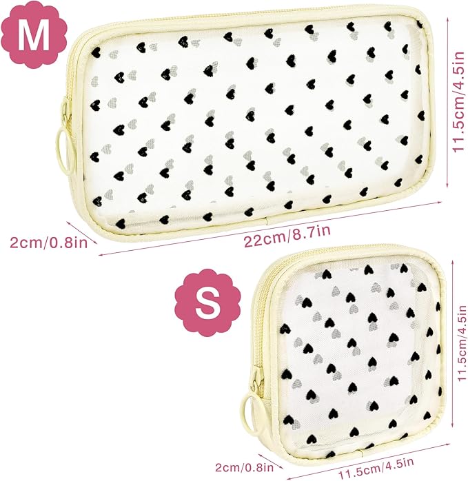 4 Pieces Mini Zipper Nylon Mesh Pouch, Mesh Cosmetic Bags Makeup Bags, Multipurpose Travel Toiletry Bags for Office Supplies and Travel Accessories (Heart Print-Purple, M)