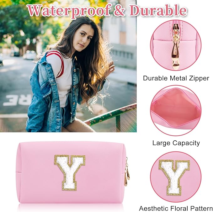 Iqimott,Personalized Initial Letter Patch Makeup Bag, Preppy Portable Chenille Letter Cosmetic Bag with Zipper, PU Leather Travel Toiletry Bag Monogram Make Up Pouch for Women Girls(Letter Y)