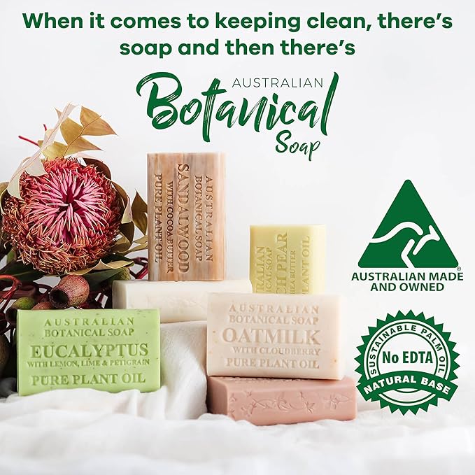 Australian Botanical Soap, 6.6 OZ, Eucalyptus, Lemon, Lime, and Petitgrain, Triple Milled Bars made with a Natural Soap Base and Enriched with Organic Shea Butter, Pack of 8