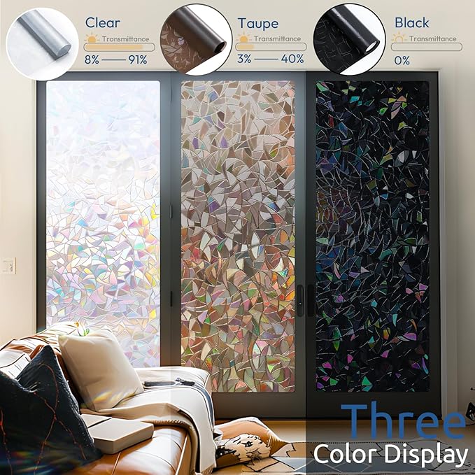 rabbitgoo Window Privacy Film Rainbow Film Decorative Window Sticker, 3D Static Stained Glass Cling Tint for Home Heat Control Non-Adhesive, Brown, 35.4 x 157.4 inches