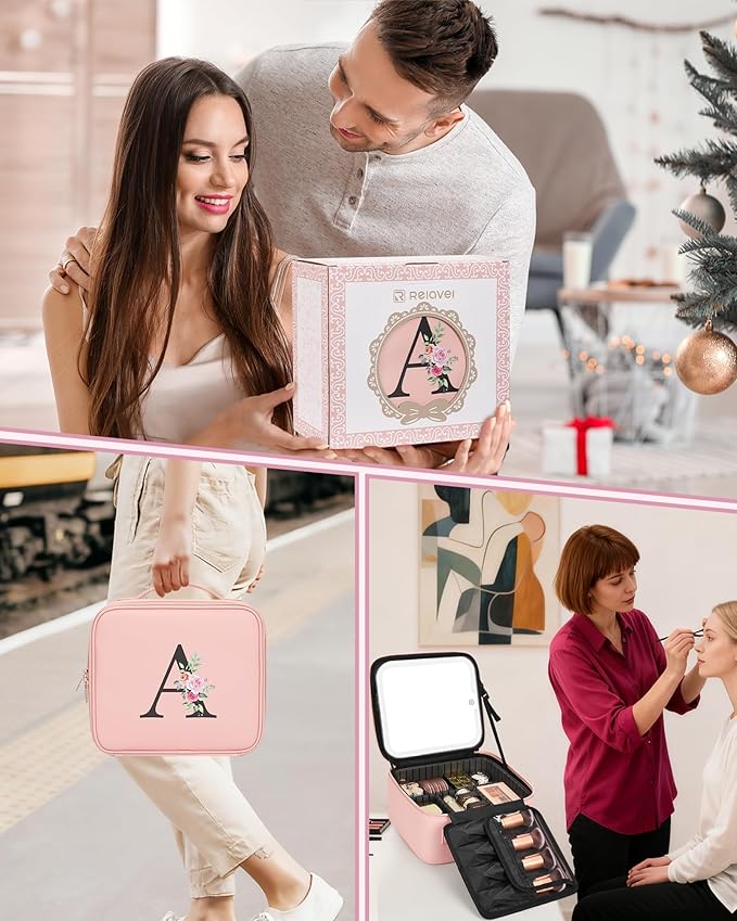 Relavel Initial Makeup Bag with LED Mirror for Women Girls, Personalized Travel Cosmetic Organizer Train Case, Birthday Gifts for Grandkids Bridesmaid Graduation Teacher Friends, Trendy Stuff, Pink Z