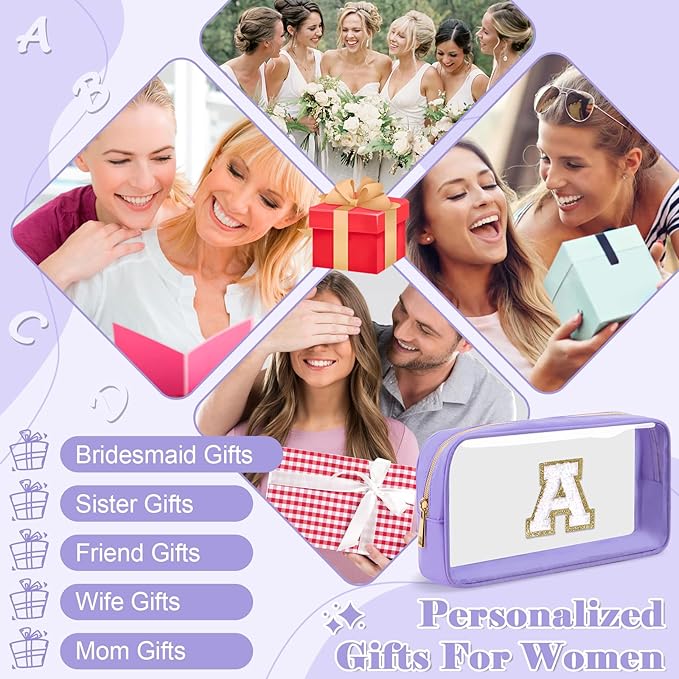 Personalized Initial Letter Clear Makeup Bag,Preppy Small Nylon&PVC Cosmetic Zipper Bag with Chenille Letter,Travel Skincare Toiletry Bag,Monogram Christmas Gift for Teen Girls Women,A