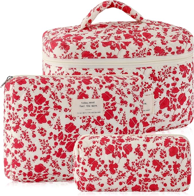 3Pcs Cotton Quilted Makeup Bag for Women Girls Large Small Travel Floral Cosmetic Bag Set Hot Pink Floral Print Zipper Make Up Pouch Aesthetic Cloth Flower Storage Toiletry Bags Organizer