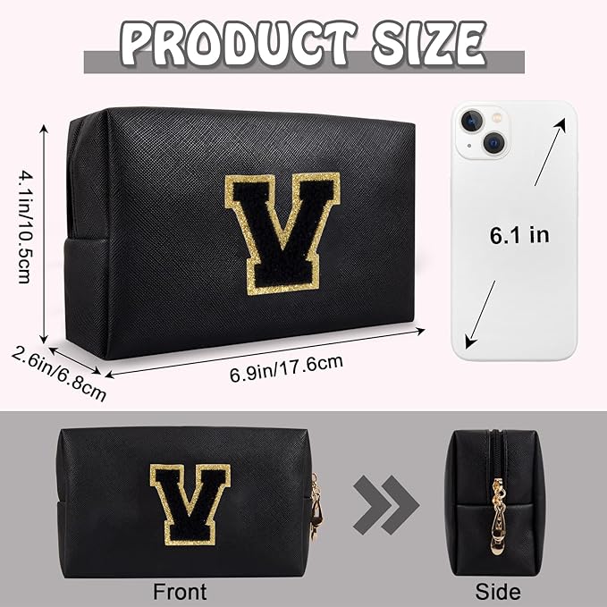 Personalized Initial Preppy Patch Makeup Bag, Travel Toiletry Zipper Pouch Cute Black Cosmetic Organizer Small Makeup Bag for Purse, PU Chenille Letter Make Up Bags Storage Gifts for Women(Letter V)