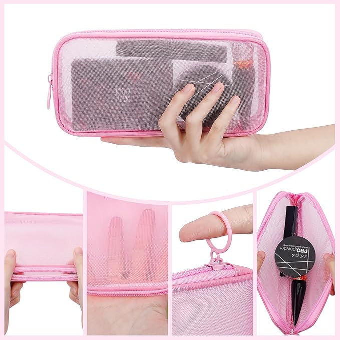 4 Pieces Mini Zipper Nylon Mesh Pouch, Mesh Cosmetic Bags Makeup Bags, Multipurpose Travel Toiletry Bags for Office Supplies and Travel Accessories (Purple, M)