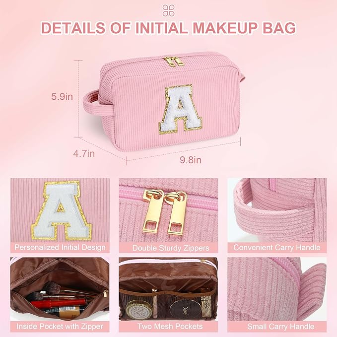 YOOLIFE Girls Travel Makeup Bag - Make Up Bag Mini Cosmetic Bags for Women Makeup Brush Bag Travel Bag Cute Small Makeup Bag Unique Gifts Teacher Gifts Friend Birthday Gifts for Women Her Letter T