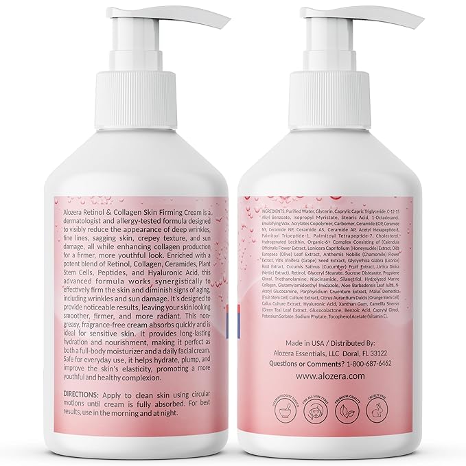 Alozera Skin Firming Retinol Collagen Body Lotion with Stem Cells for Aging Skin and Wrinkles, Non-Greasy, Lightweight Moisturizer, Fragrance-Free, 16.9 oz