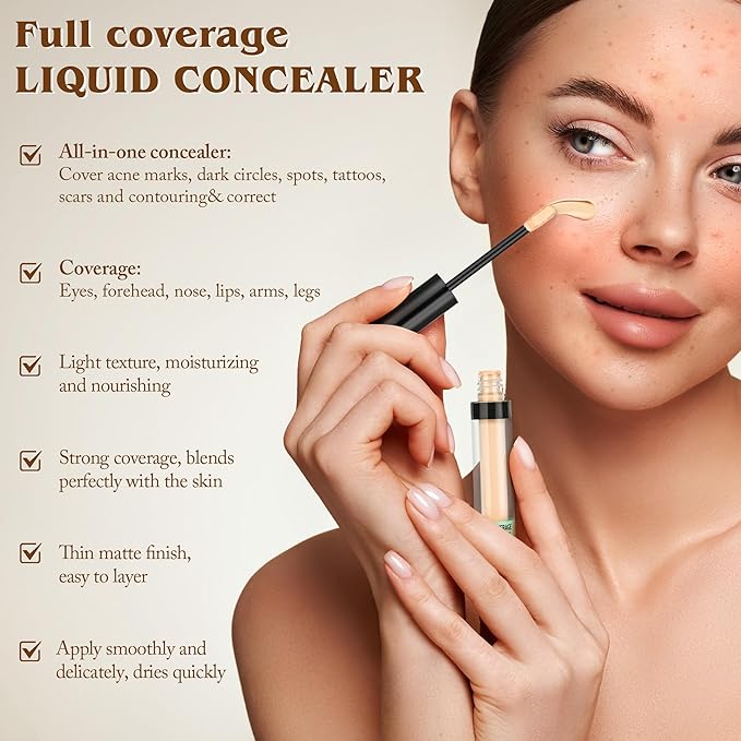 Full Coverage Liquid Concealer, Foundation Makeup for Older Women, Cover Blemishes & Under-Eye Circles, Spots, Matte Finish, Hydrating Primer for Correct, 0.06 floz, Vegan & Cruelty-Free 07#Tan Begie