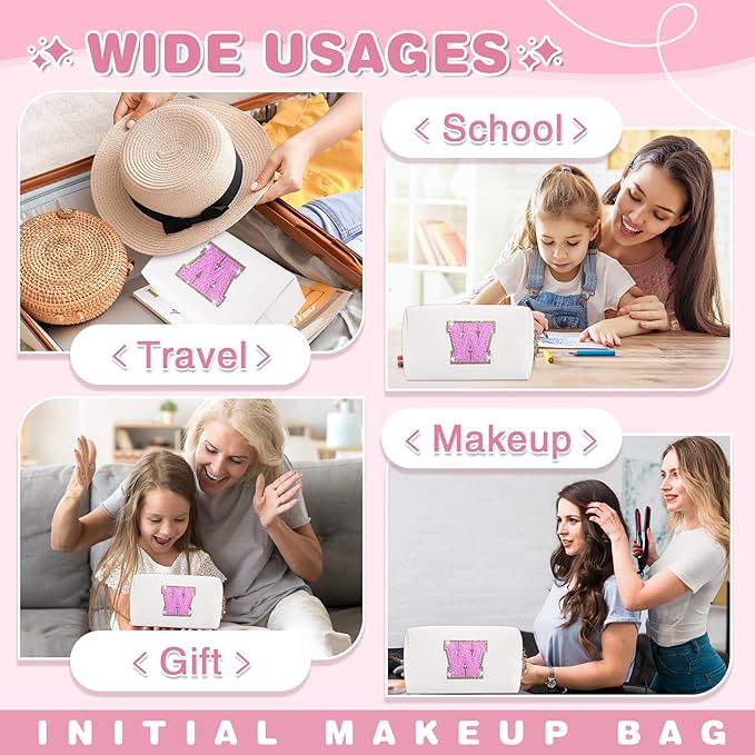 Small Initial Patch Makeup Bag Personalized Gifts Make Up Bag,White Cute PU Leather Glitter Letter Cosmetic Bag with Zipper,Trendy Portable Travel Toiletry Pouch,Preppy Stuff for Teen Girls Women W