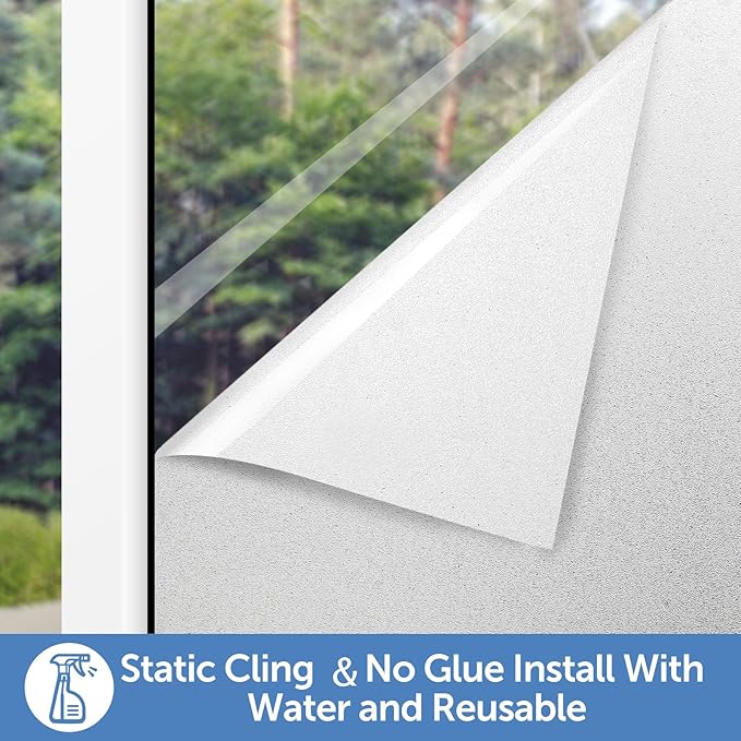 HIDBEA Frosted Window Privacy Film - Non Adhesive Static Cling Glass Stickers Sun UV Blocking Heat Control Door Covering Decals for Home Office, 17.3 x 157.3 Inch