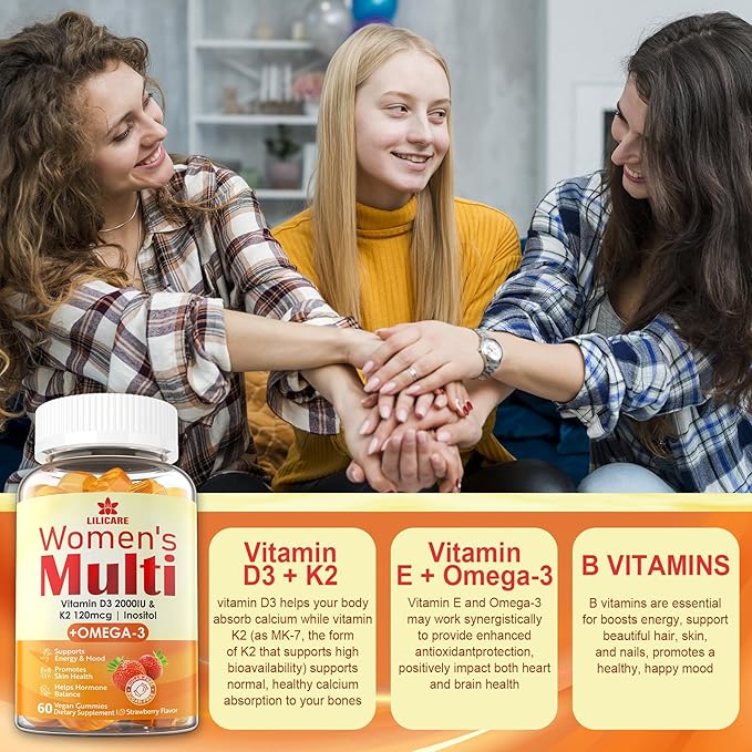 Womens Multivitamin Gummy with Omega 3（DHA/EPA), Vitamin D3 K2, Calcium, Inositol, Daily Womens Vitamin A C E B Complex, L-MethylFolate, Methyl B12,Sugar Free Methylated Multivitamins Minerals, 120Cts