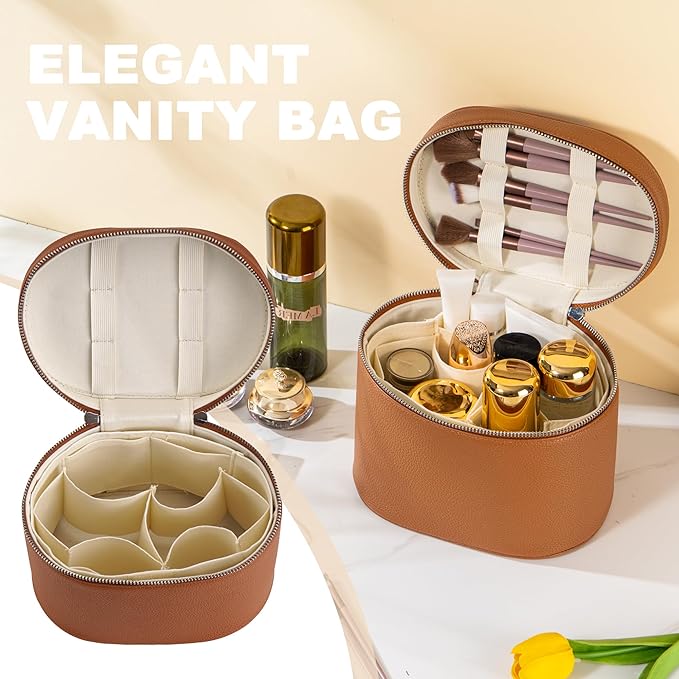 Makeup Bag Vanity Case Cosmetic Bag with Removable Divider Travel Toiletry Bag for Women Portable Make up Box Organizer, Brown