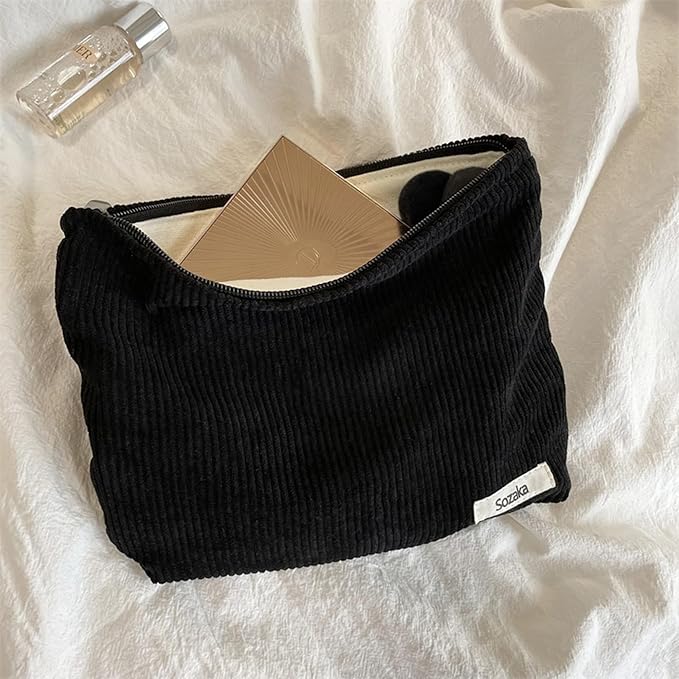Cosmetic Bags for Women - Corduroy Cosmetic Bag Aesthetic Women Handbags Purses Smile Dots Makeup Organizer Storage Makeup Bag Girls Case Bags (Pure Black)