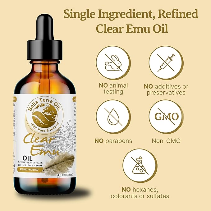 Bella Terra Oils Clear Emu Oil for Hair and Skin – 1gallon, Highly Absorbable, Moisturizing, Non-Greasy, Revitalizing