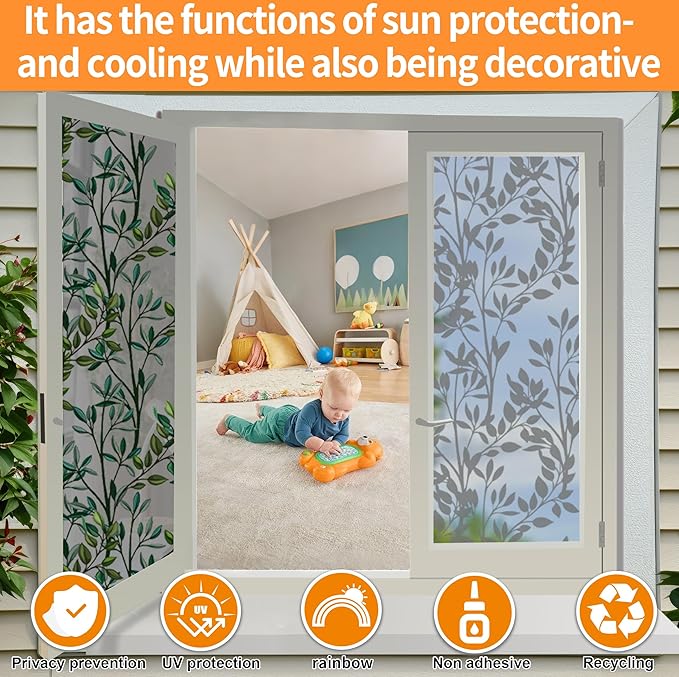 One Way Privacy Film, Window Tint for Home,Daytime Reflective, Anti UV Static Cling Sliding Door Coverings No Glue Garage Solar Paper (Black - Silver-Leaves, 35.4 x 157.4 in)