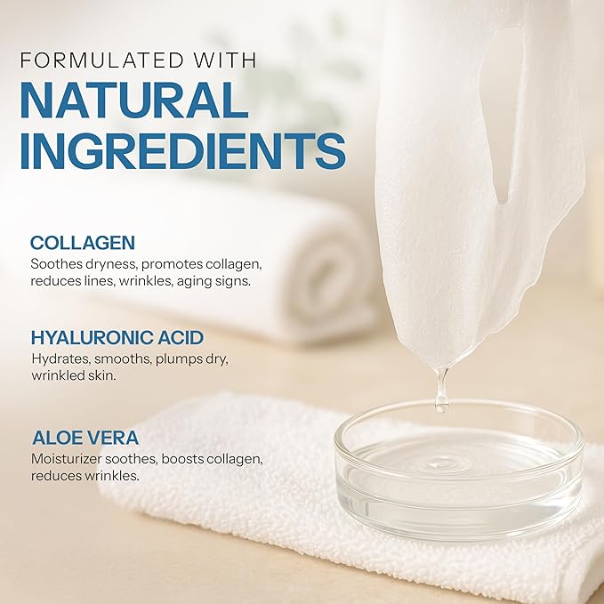 Hyaluronic Acid & Collagen Sheet Mask - Hydrating, Anti-Aging, Firming - Dermatologist Tested Korean Skincare - Clean Beauty, Natural Ingredients, Cruelty-Free, All Skin Types - 5 Masks