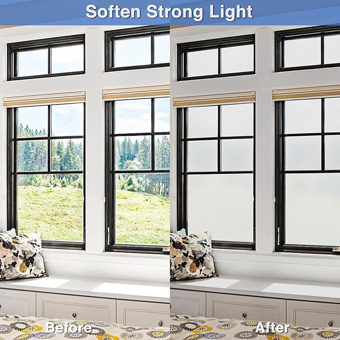 Volcanics Frosted Glass Window Privacy Film with Installation Tools, Removable Static Cling Bathroom Window Film, Heat Control UV Blocking, Peep-Proof, Ideal for Home Office 17.5 x 78.7 Inches