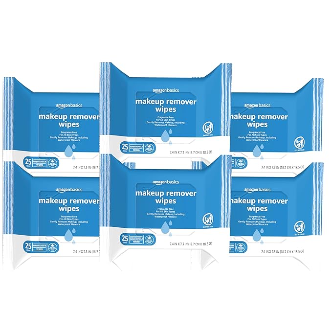 Amazon Basics Makeup Remover Wipes, Fragrance and Alcohol-Free, Gentle Cleansing, Removes Waterproof Mascara, Dermatologist Tested, 25 Count, Pack of 6