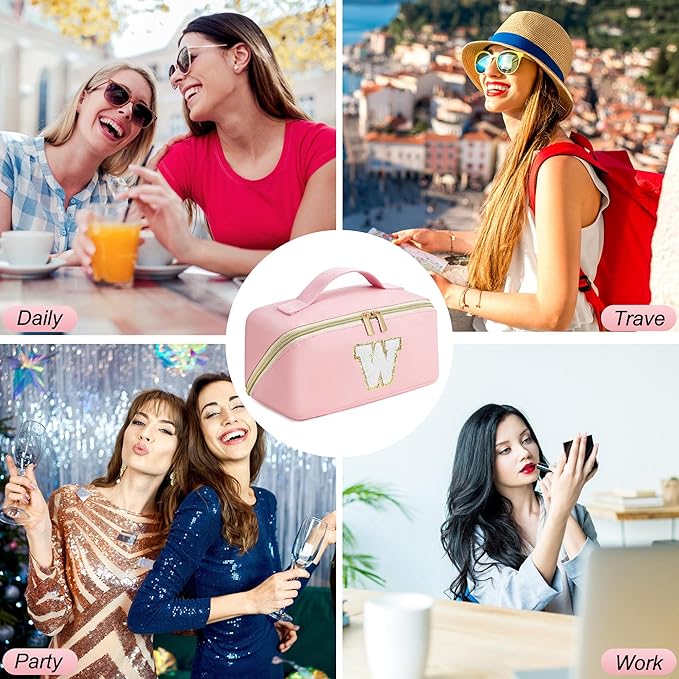 for Christmas Day Gifts, Makeup Bag for Women, PU Leather Travel Toiletry Bags, Initial Make Up Cosmetic Pouch for Teen Girls, Wide Open Portable Skincare Bag, Personalized Birthday Gifts, Pink L