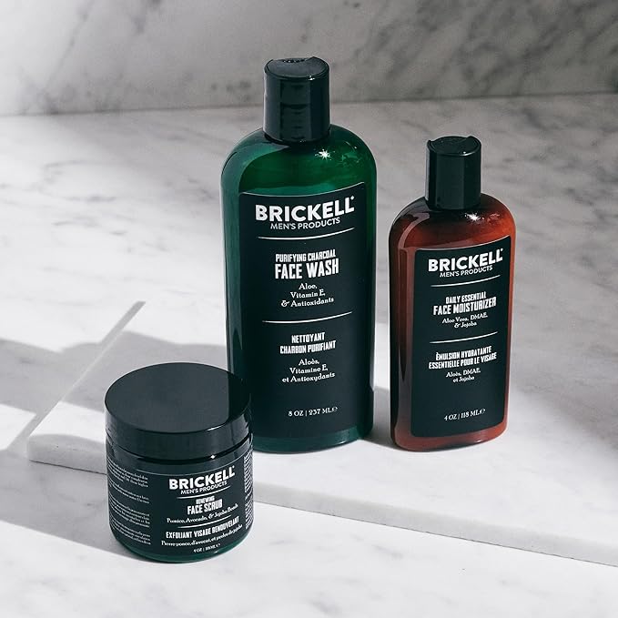 Brickell Men's Daily Advanced Face Care Routine II, Activated Charcoal Facial Cleanser, Face Scrub, Facial Moisturizer Lotion, Natural and Organic, Unscented