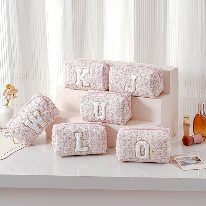 JOVAKIT Makeup Bag Cosmetic Bags for Women, Christmas Gifts for Girls Age 6-18, Alphabet Pink Floral Coquette Zipper Travel Makeup Pouch, Organizer Case Trendy Stuff (Pink Floral G)
